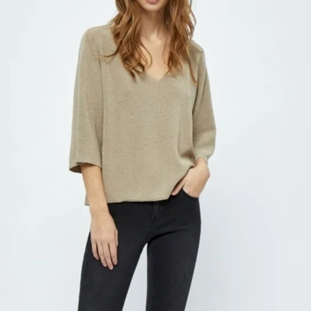 ZARA Rib Knit V-Neck Balloon Sleeve 3/4 Top